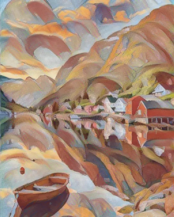 The fjord village painted in the Franz Marc style on the phone