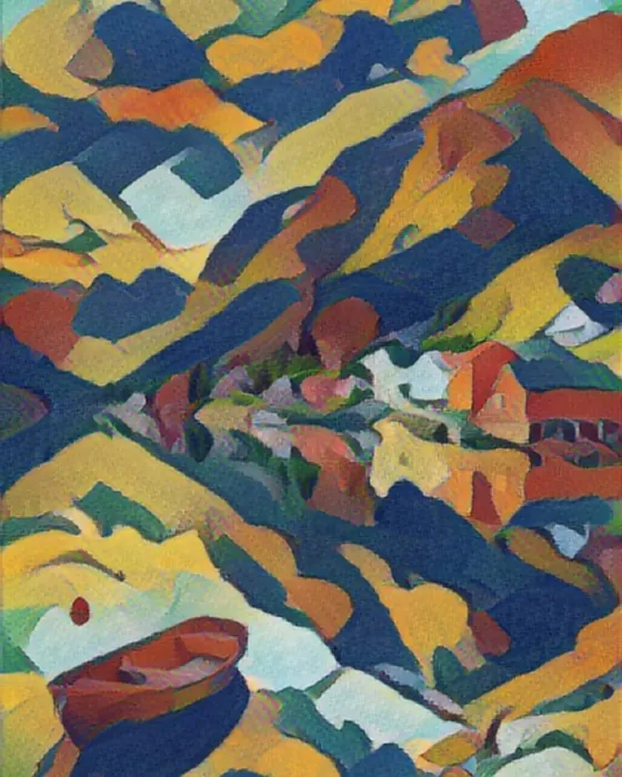 The fjord village painted in the Gauguin style on the phone