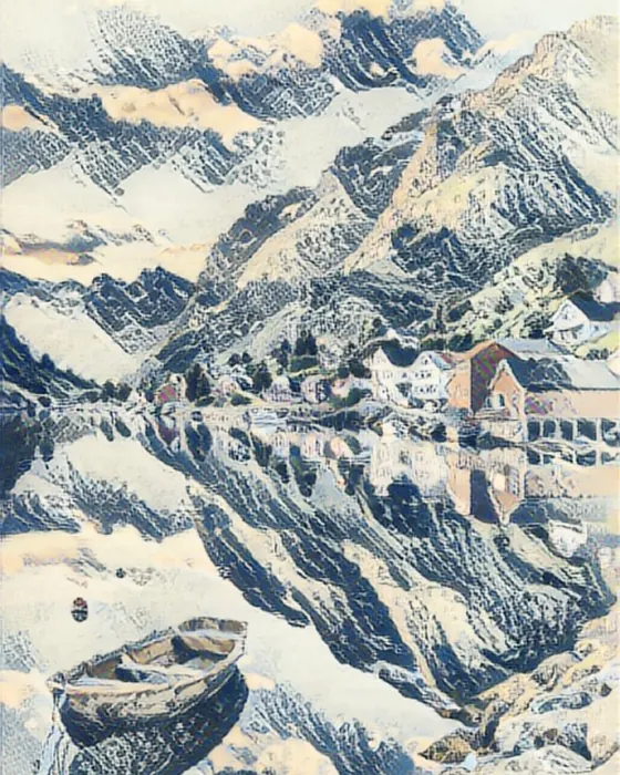 The fjord village painted in the Hokusai style on the phone