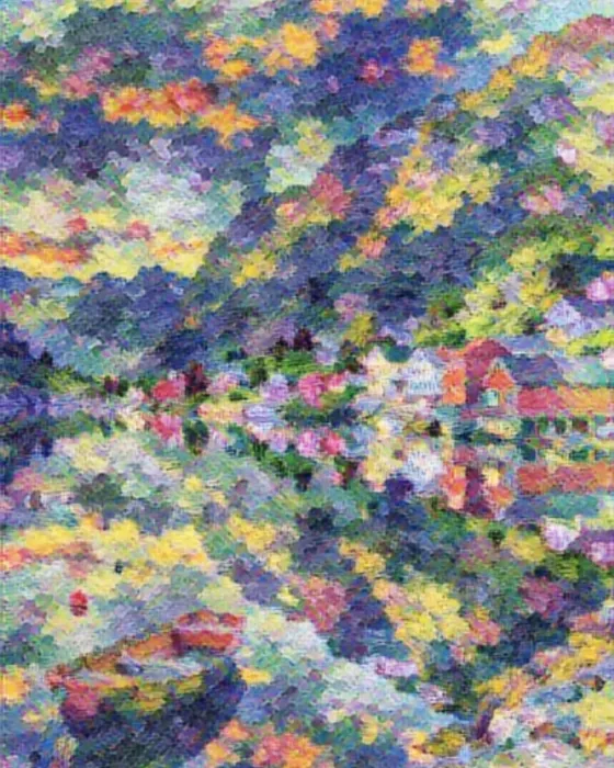 The fjord village painted in the Monet style on the phone