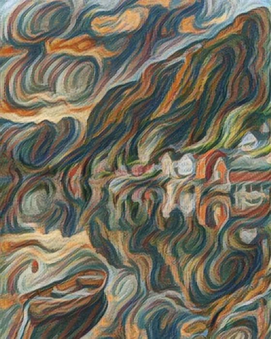 The fjord village painted in the Munch style on the phone