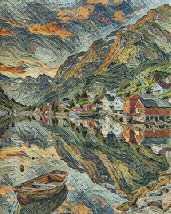 The fjord village painted in the Van Gogh style on the phone