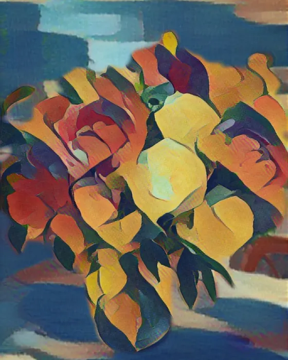The bouquet painted in the Gauguin style on the phone