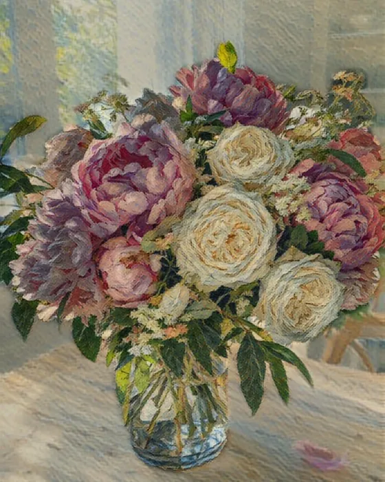 The bouquet painted in the Van Gogh style on the phone