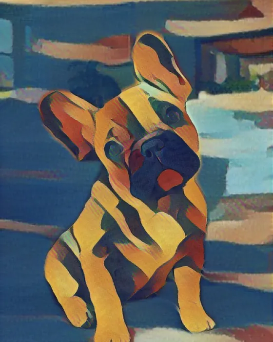 The French bulldog painted in the Gauguin style on the phone