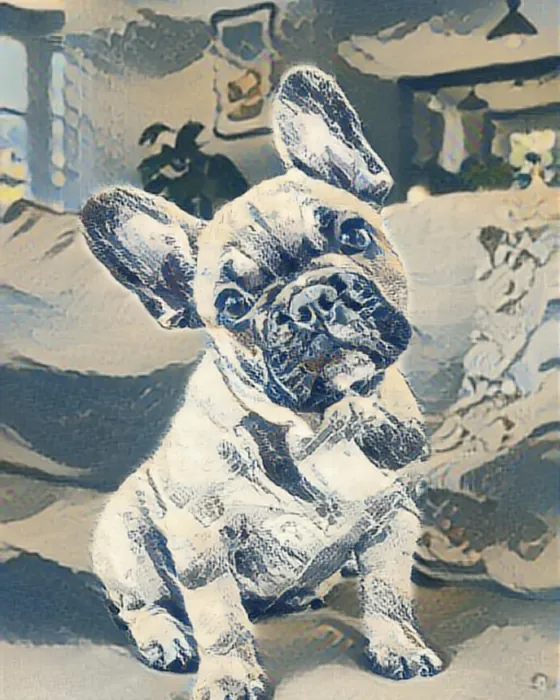 The French bulldog painted in the Hokusai style on the phone