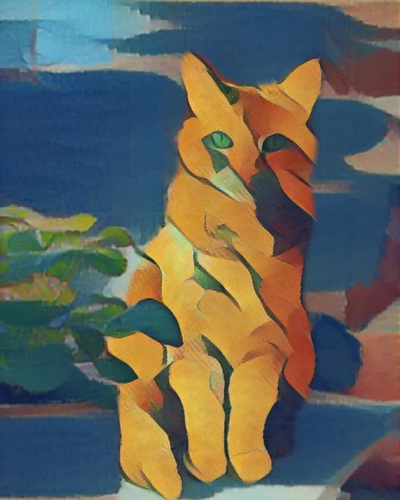 The ginger cat painted in the Gauguin style on the phone