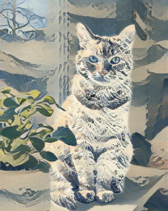 The ginger cat painted in the Hokusai style on the phone