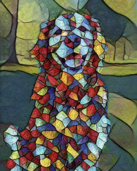 The golden retriever painted in the stained glass style on the phone