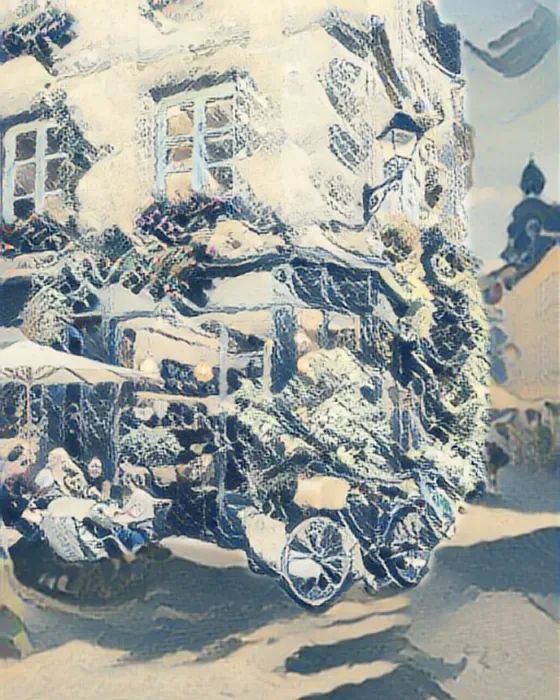 The street cafe painted in the Hokusai style on the phone