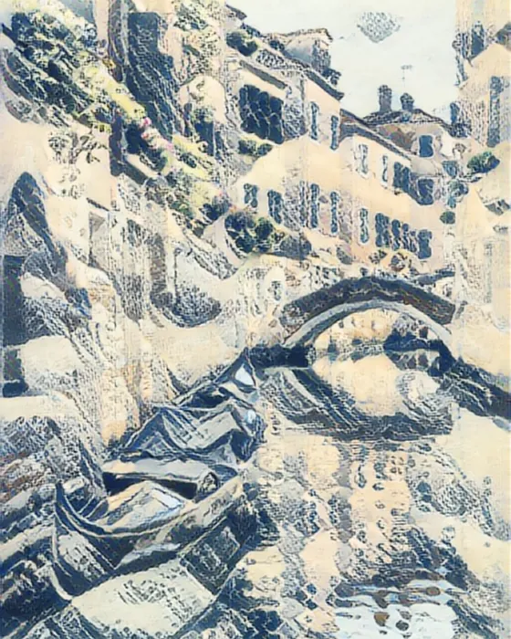 The Venice canal painted in the Hokusai style on the phone