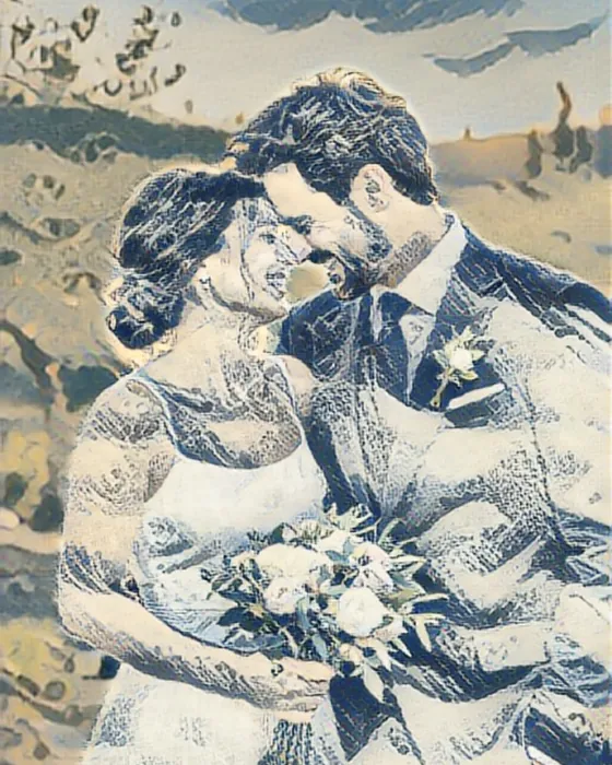 The wedding couple painted in the Hokusai style on the phone