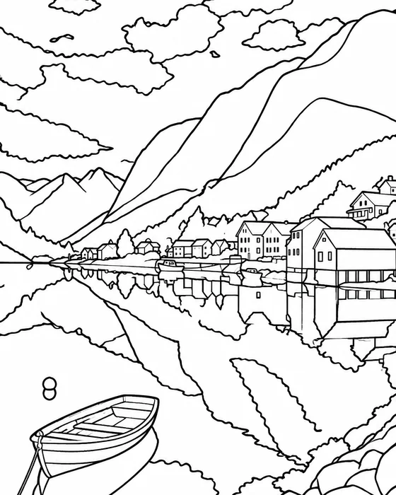 Coloring page of the fjord village, ready to color