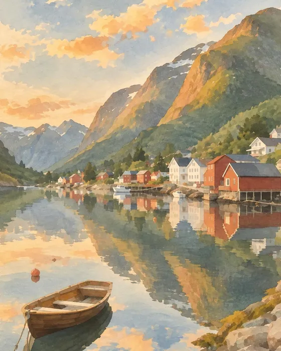 The AI painting of the fjord village for its coloring page