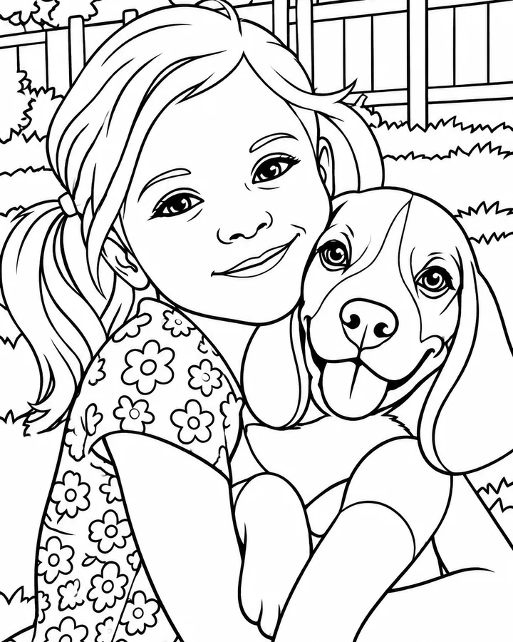 A coloring page made from a photo of a girl and her beagle, colored by number