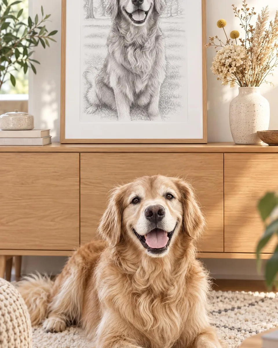 A framed pencil sketch of a golden retriever above the real dog