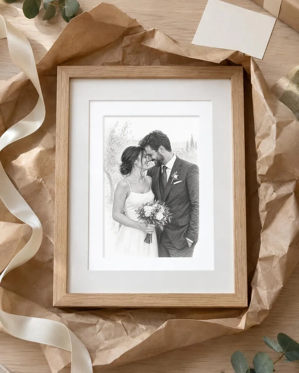 A framed pencil sketch of a wedding couple, unwrapped as a gift