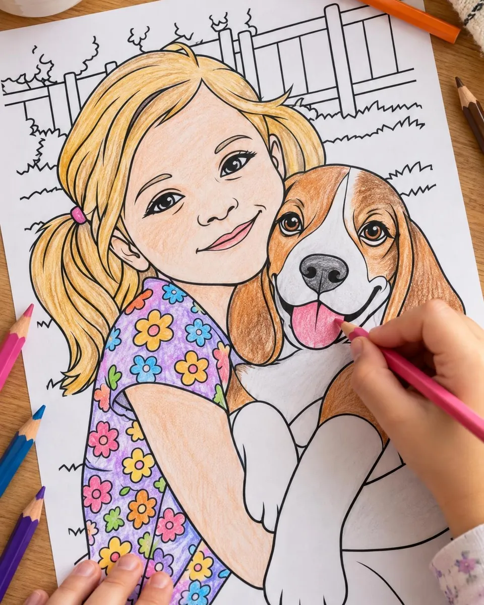 A child coloring a printed coloring page made from a family photo