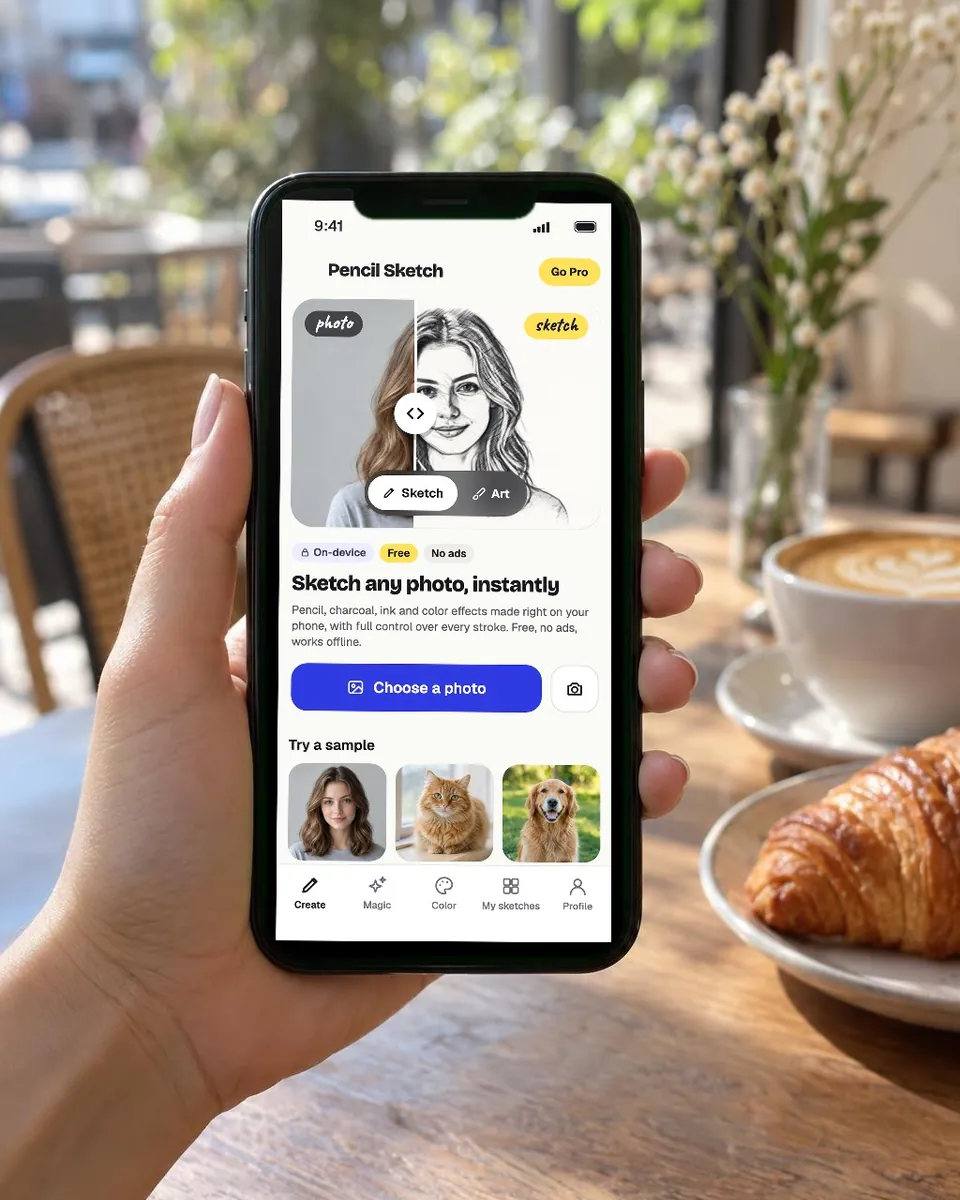 A phone showing the Create tab of Pencil Sketch AI at a cafe