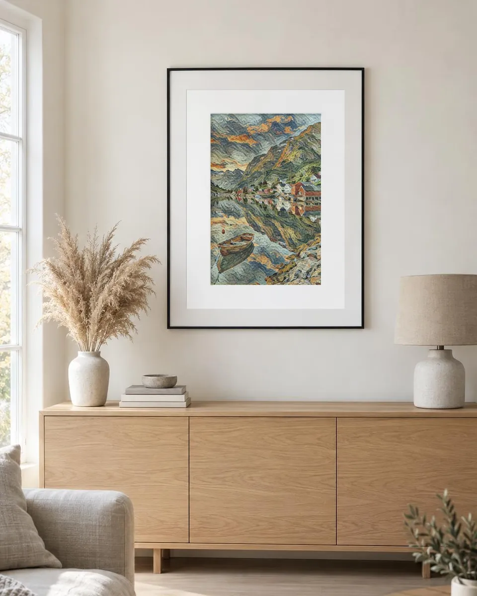 A framed Van Gogh style painting of a fjord on a living room wall
