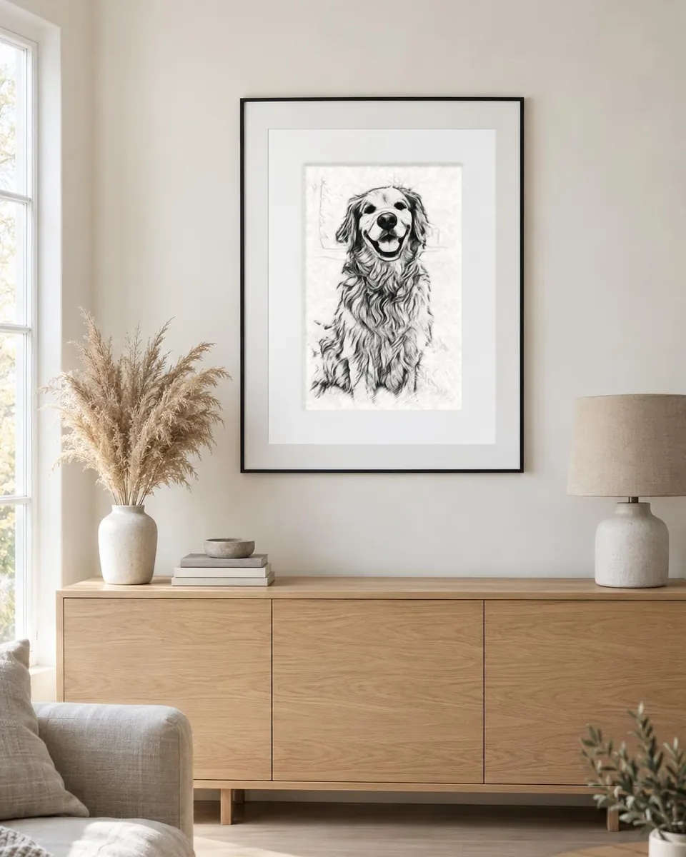 A framed charcoal sketch of a golden retriever on a wall