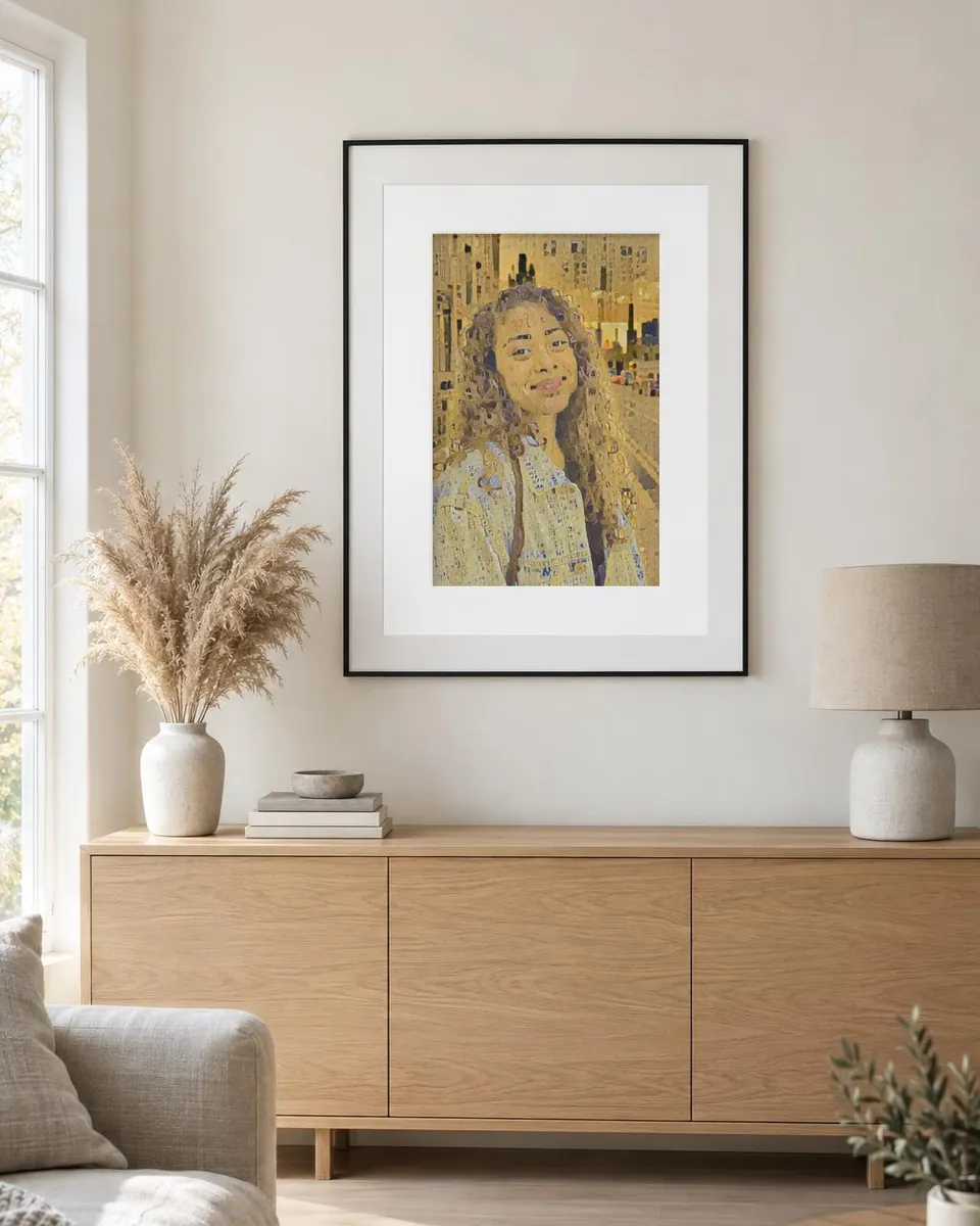 A framed Klimt style portrait on a living room wall