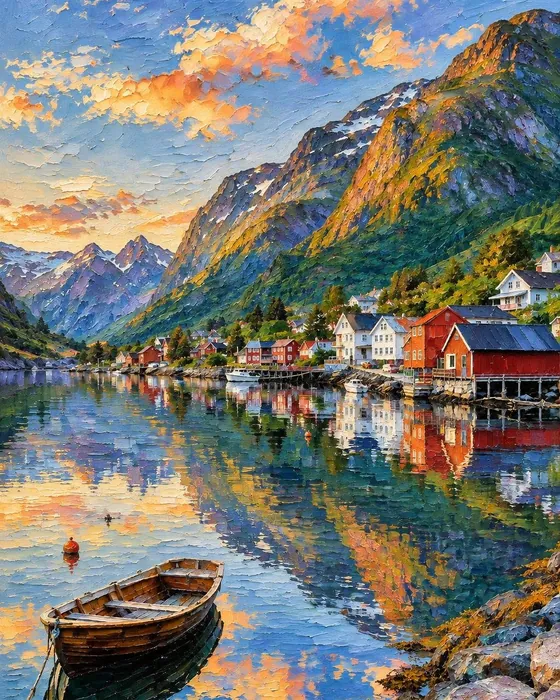 The fjord village as an oil painting, made with Magic