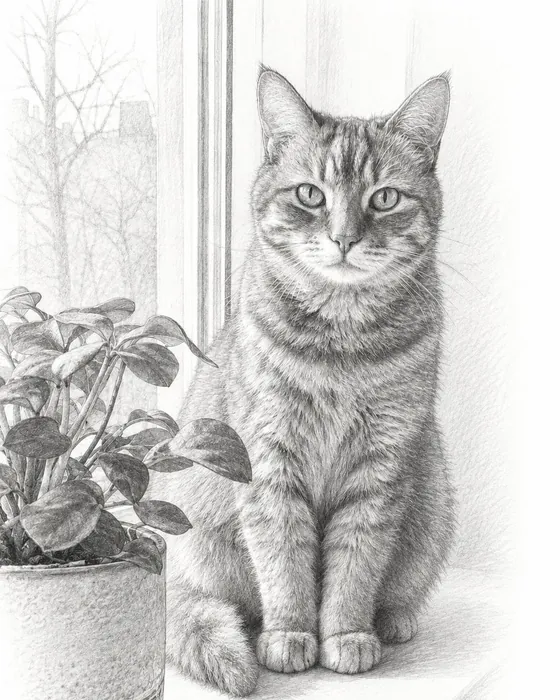 The ginger cat as a pencil sketch, made with Magic