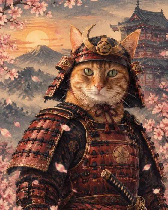 The ginger cat as a samurai, made with Magic