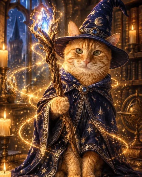 The ginger cat as a wizard, made with Magic