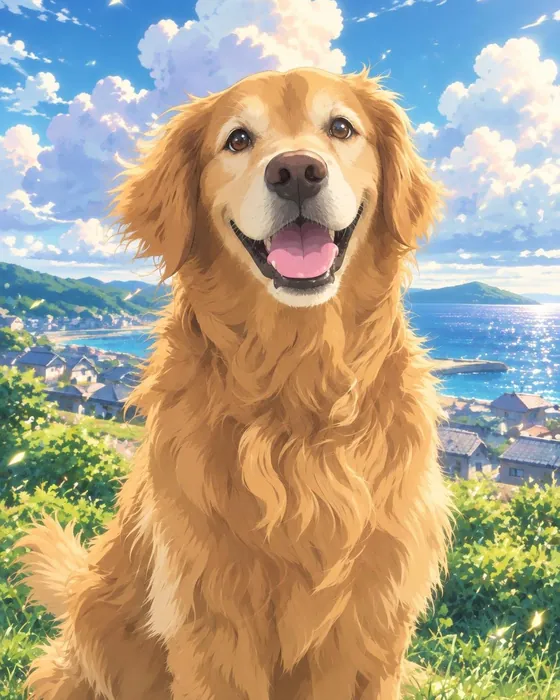 The golden retriever as an anime still, made with Magic
