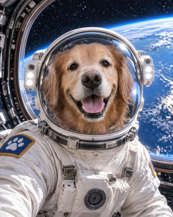 The golden retriever as an astronaut, made with Magic