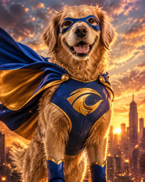 The golden retriever as a superhero, made with Magic