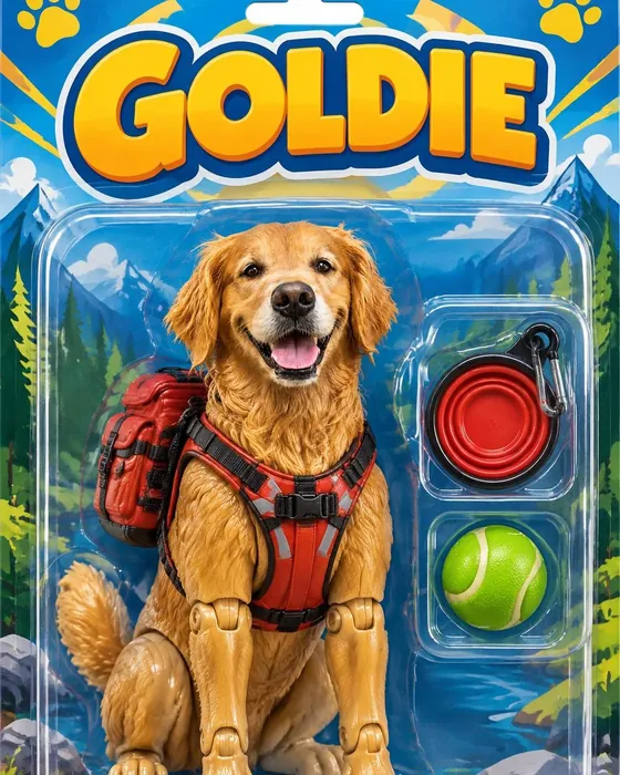 The golden retriever as an action figure in its box, made with Magic