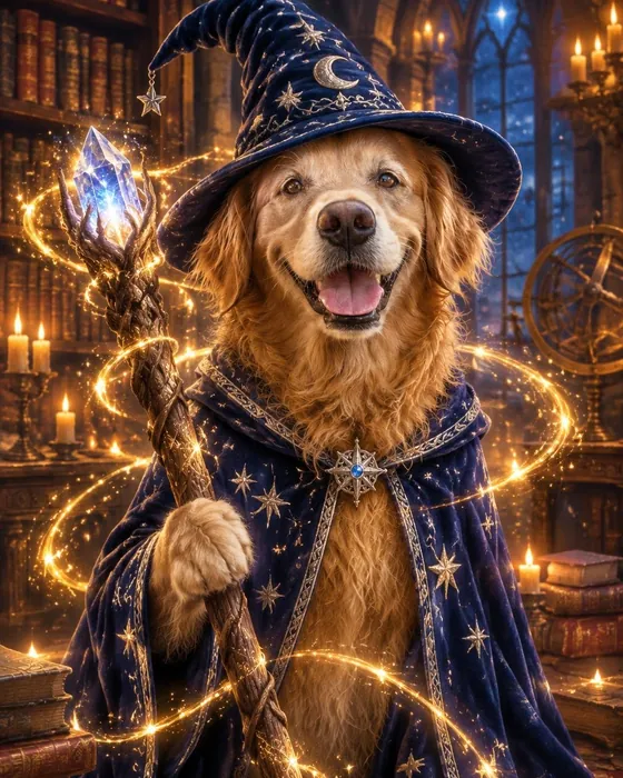 The golden retriever as a wizard, made with Magic