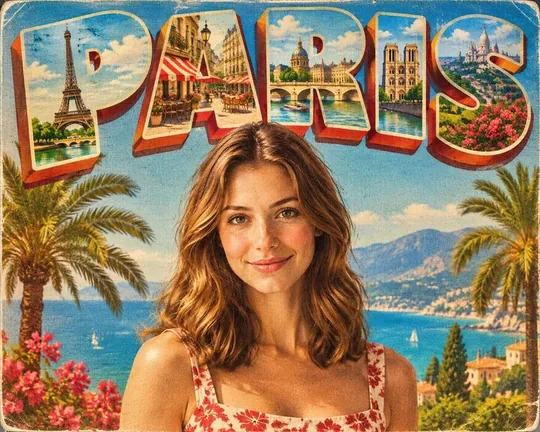 Postcard AI style applied to a portrait photo