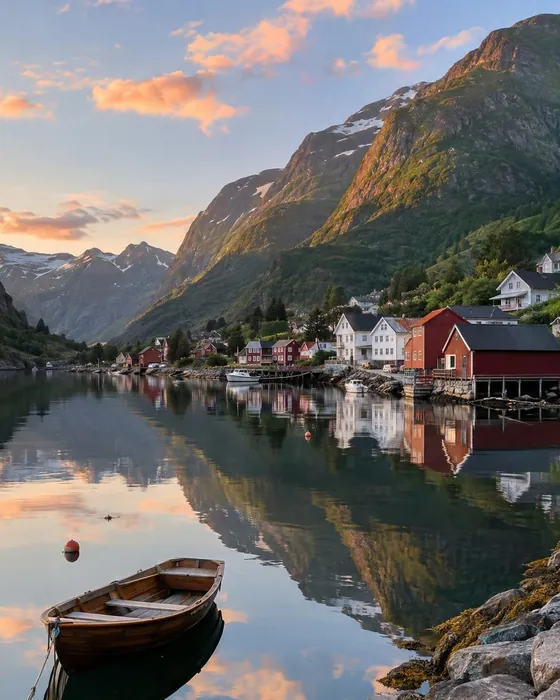 Photo of a Norwegian fjord village at golden hour