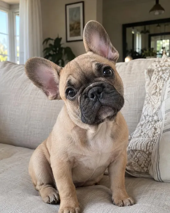 Photo of a French bulldog puppy on a sofa