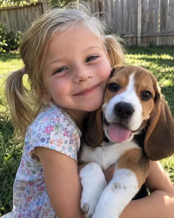 Photo of a girl hugging her beagle
