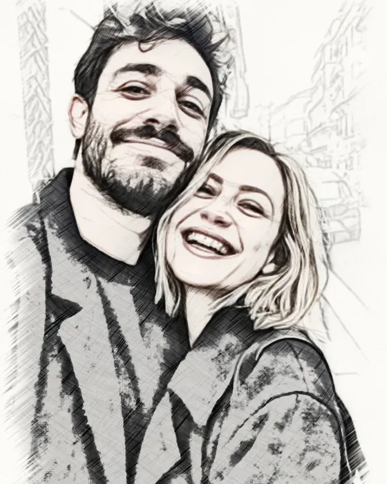 The couple as a coloredPencil sketch made on the phone