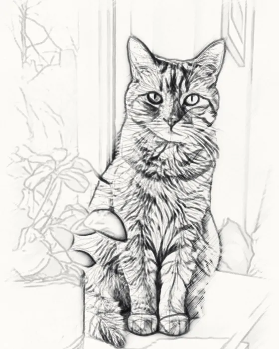 The ginger cat as a graphite sketch made on the phone