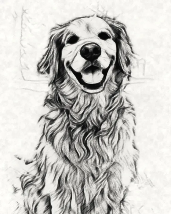 The golden retriever as a charcoal sketch made on the phone