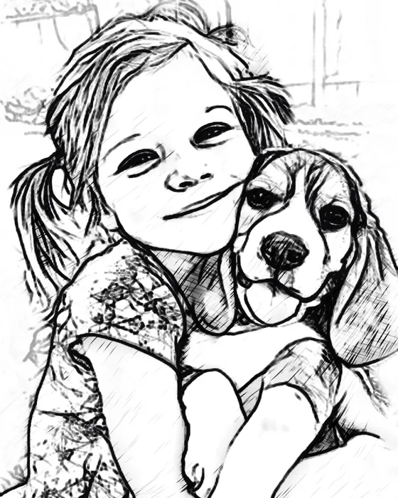 The girl and her beagle as a feltPen sketch made on the phone