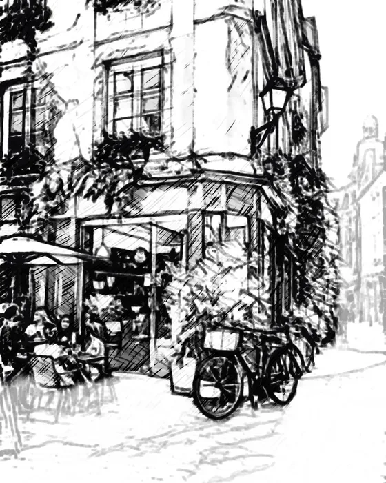 The street cafe as a feltPen sketch made on the phone