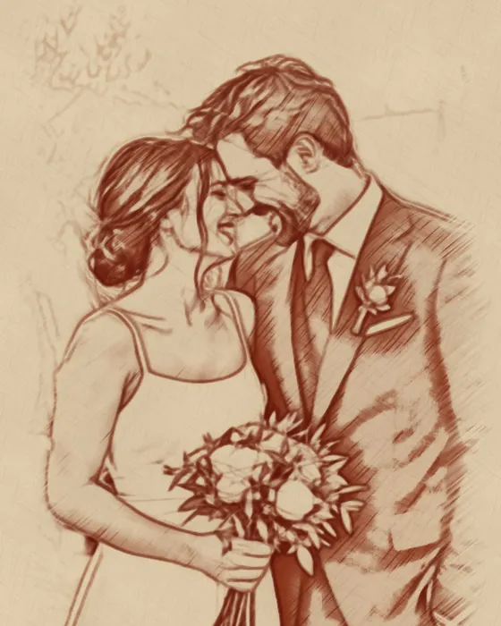 The wedding couple as a sanguine sketch made on the phone