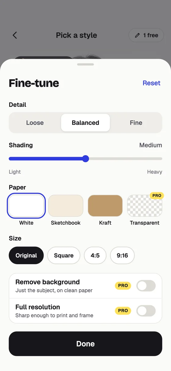 Fine-tune options in Pencil Sketch AI