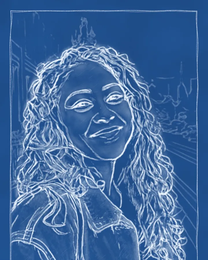 The portrait as a blueprint sketch, made on the phone