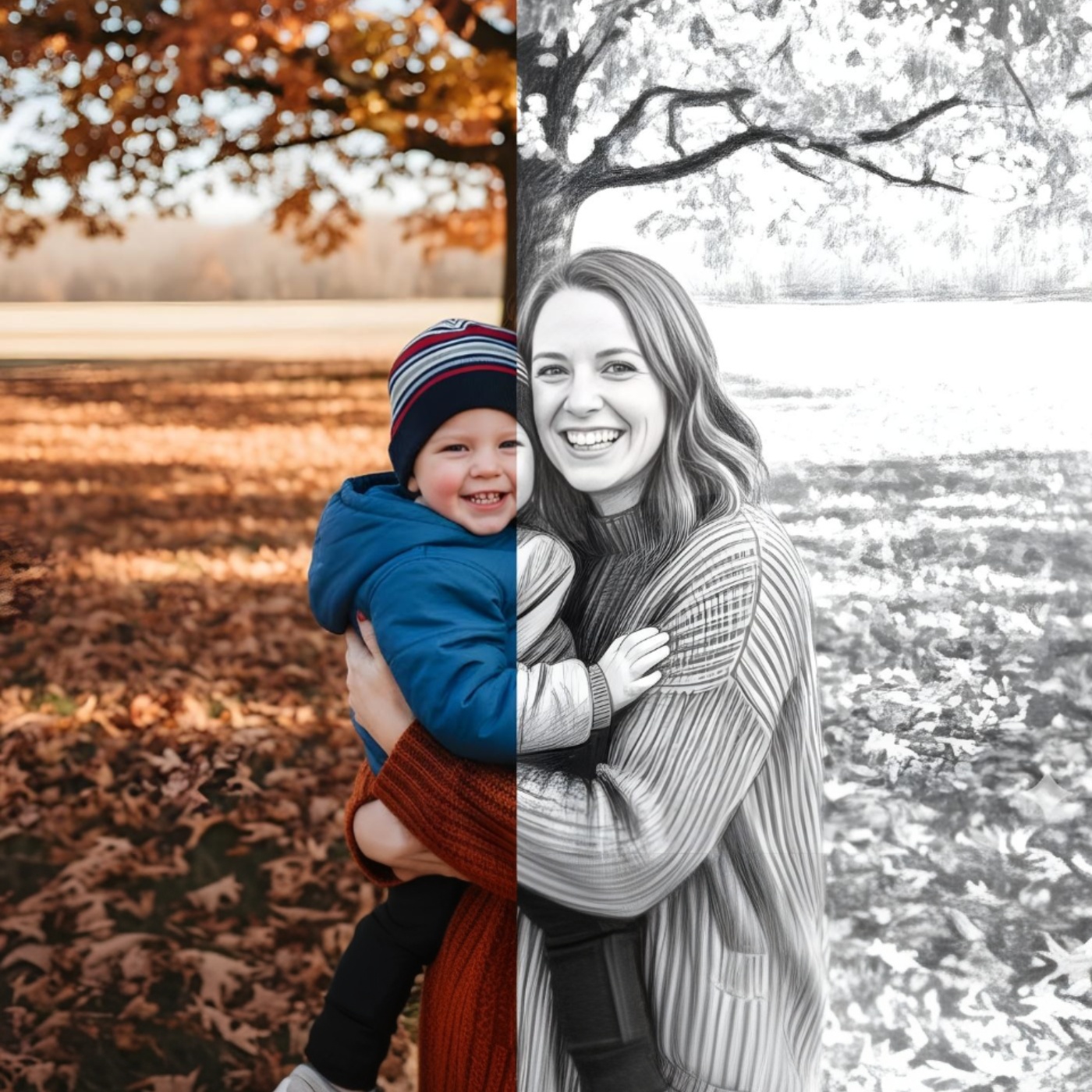 Mom and son photo transformed into beautiful sketch