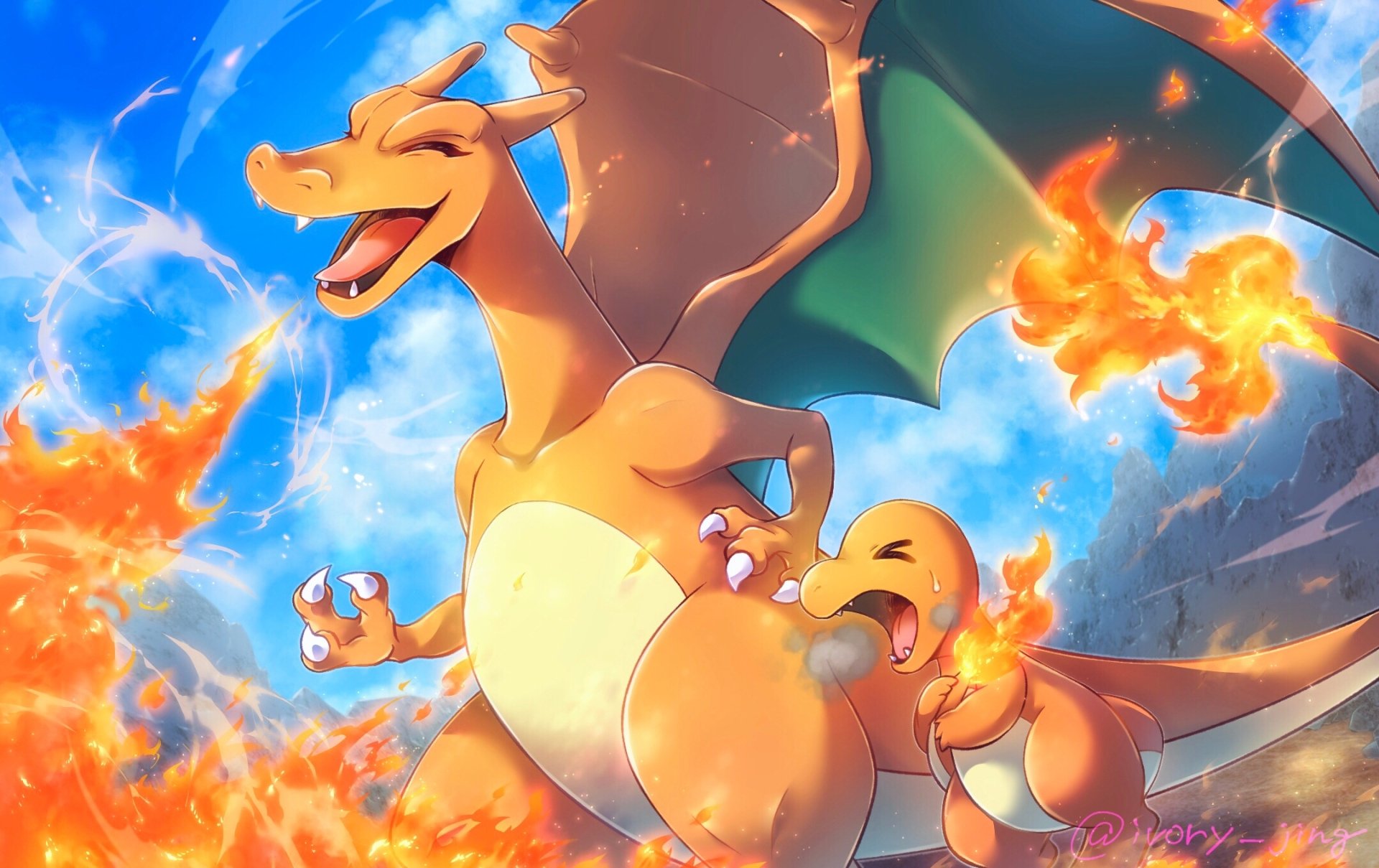 Charizard and Charmander coloring page transformation - original